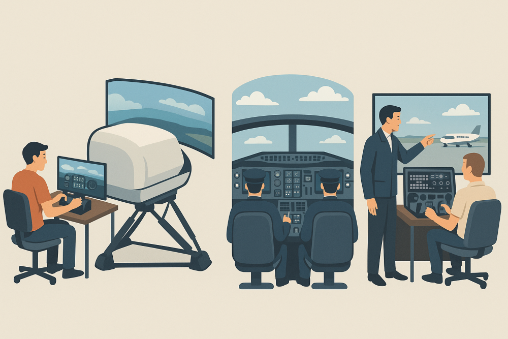 Visual progression from home flight sim setup to full-motion training, commercial cockpit, and student-instructor session, showing modern uses of flight simulators in training.