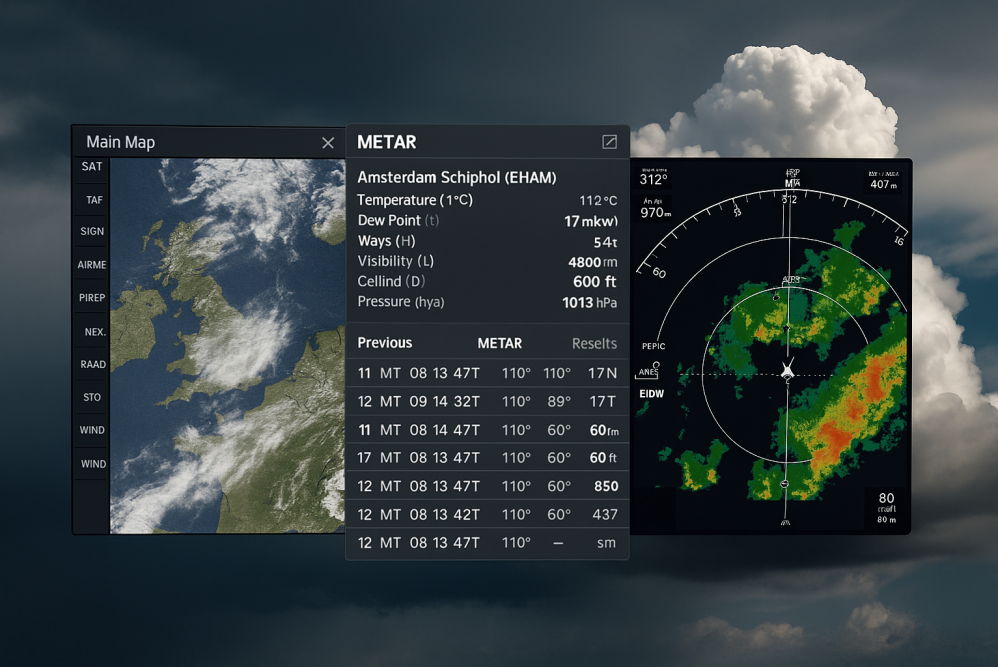 Flight simulator weather interface showing METAR data, satellite imagery, and radar overlays—demonstrating how live weather is processed and displayed in the sim.