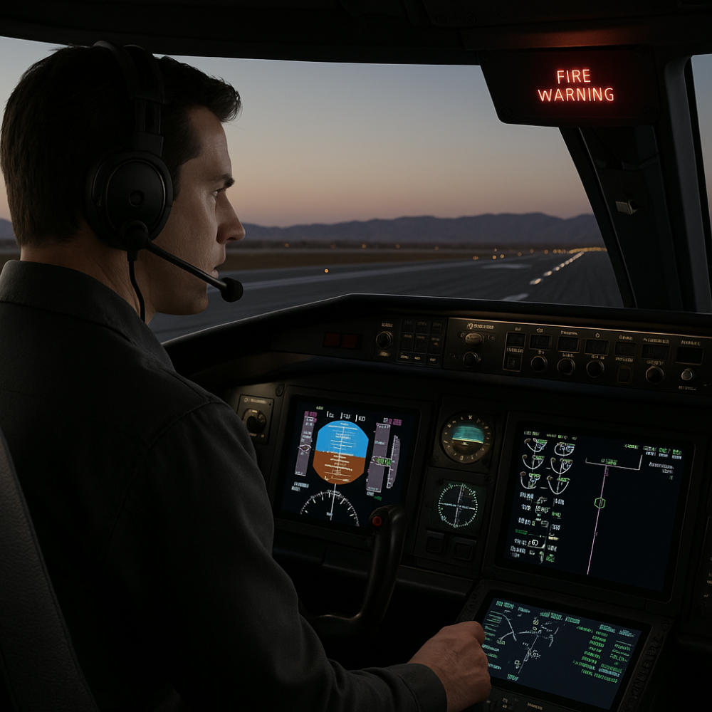 A flight simulator pilot practicing emergency procedures during a dusk scenario, focusing on cockpit instruments with a fire warning illuminated on the overhead panel.