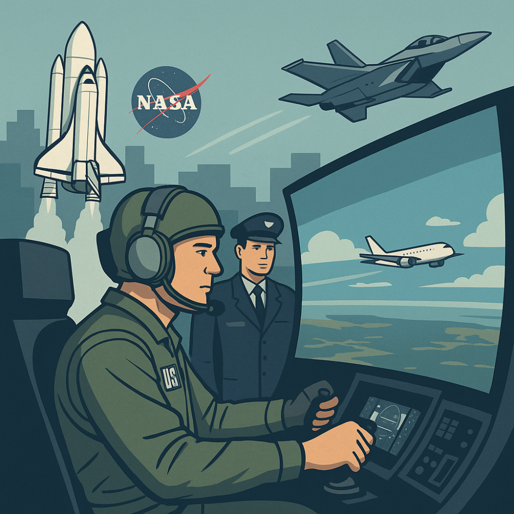 A digital illustration showing a U.S. military pilot operating a flight simulator, with a NASA space shuttle launching in the background, a fighter jet flying overhead, and a military officer observing the scene, symbolizing the joint influence of NASA and the military in advancing flight simulation technology.