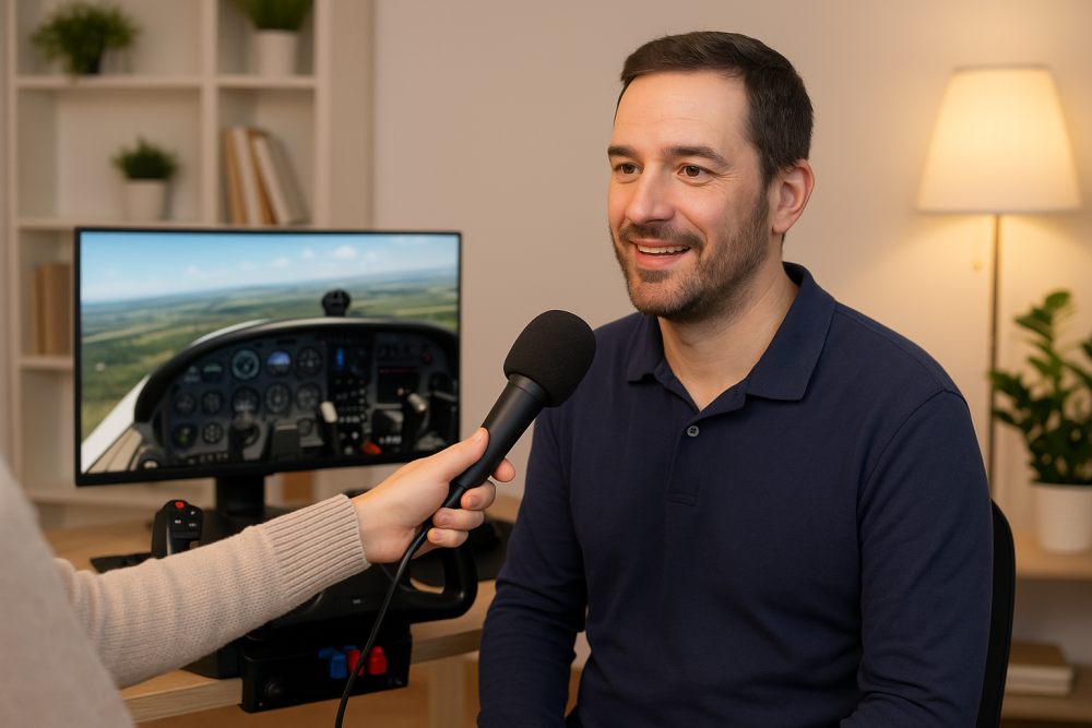 A smiling man being interviewed beside a home flight simulator setup, with a triple-monitor display showing a cockpit view and cozy background decor.