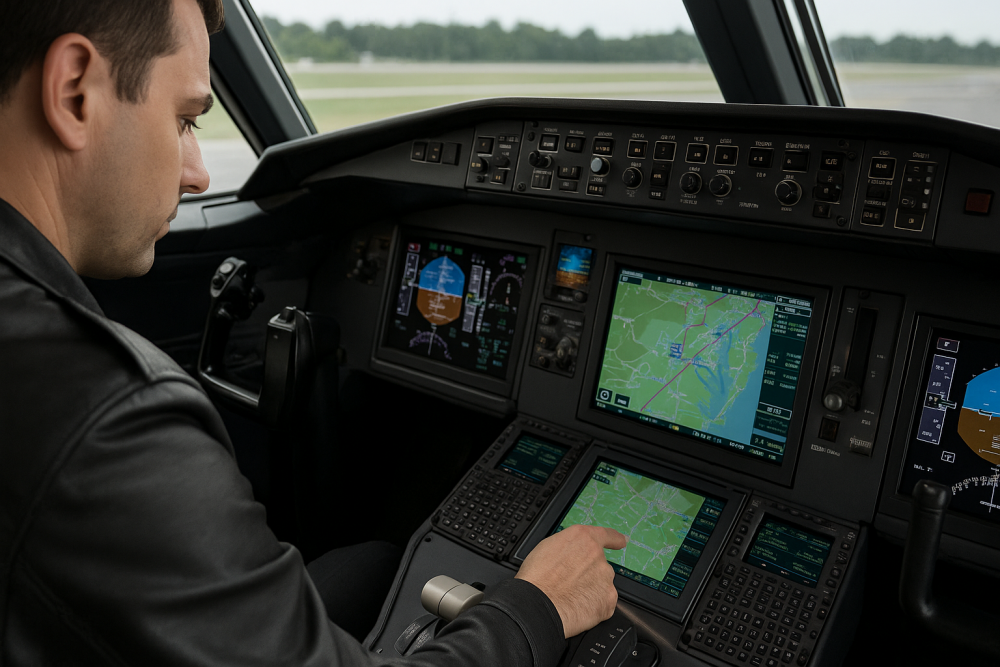 A flight simulator pilot interacting with the touchscreen FMC to input a complex RNAV route, surrounded by advanced navigation displays and cockpit instruments.