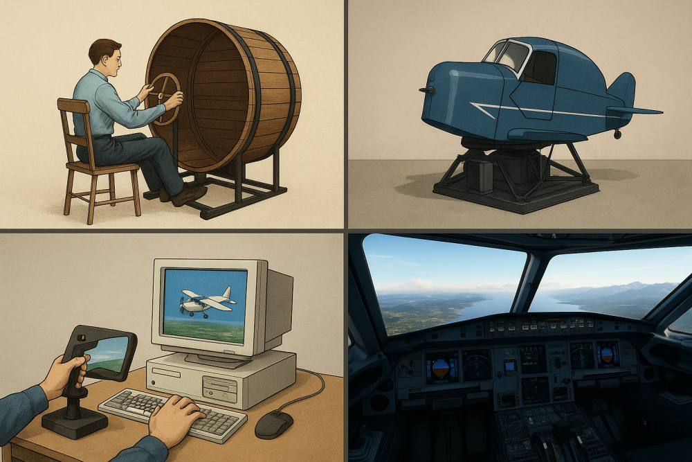A timeline illustration showing the evolution of flight simulators, featuring a wooden mock-up from the early 1900s, a 1930s Link Trainer, a 1990s joystick and CRT monitor setup, and a modern glass cockpit with realistic terrain views.