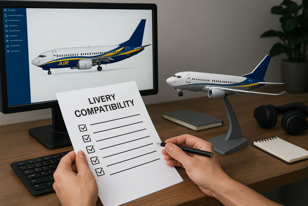 A person checking a printed compatibility checklist while comparing a custom aircraft livery on-screen and a matching airplane model on a desk in a sim workspace.