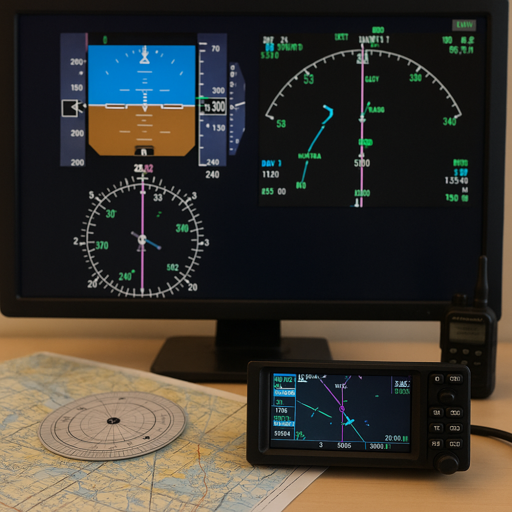 A navigation setup showing aircraft instruments, GPS display, and flight charts on a desk with a monitor displaying VOR and navigation data, representing IFR navigation aids.