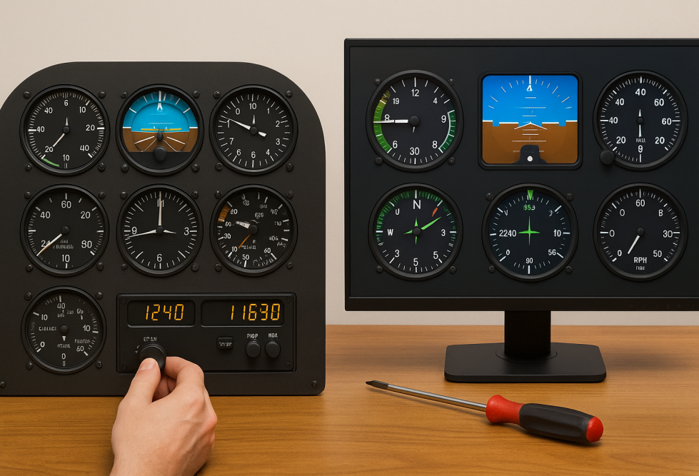 Side-by-side comparison of an analog flight instrument panel and a digital display panel on a wooden desk, showing contrasting cockpit styles without any text in the image.