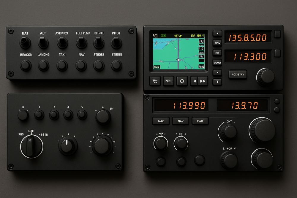 A flight simulator cockpit layout featuring a switch panel with labeled toggles, a GPS avionics display, and a dual-frequency radio stack with illuminated digital readouts, arranged to mimic a real aircraft setup.