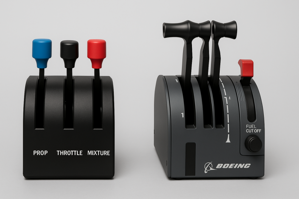 Two throttle quadrants displayed side by side: one with simple levers for general aviation, and another with advanced features including detents and reverser handles, illustrating power management options in flight simulators.
