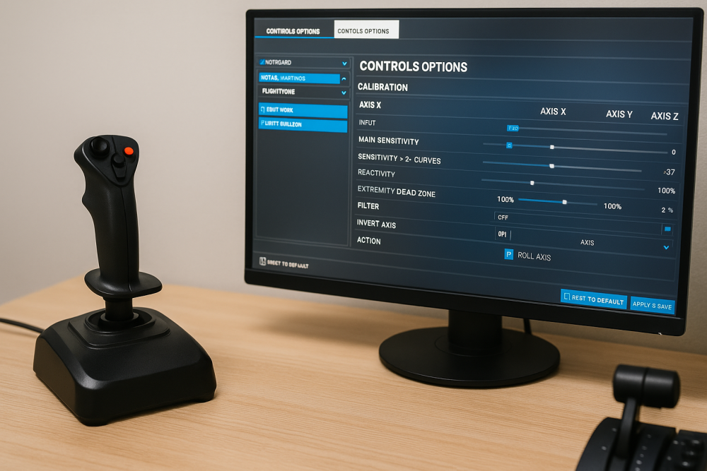 A flight simulator joystick placed on a desk beside a monitor displaying calibration settings, with visible axis sensitivity curves and control mapping options, illustrating the importance of tuning hardware for precise input.