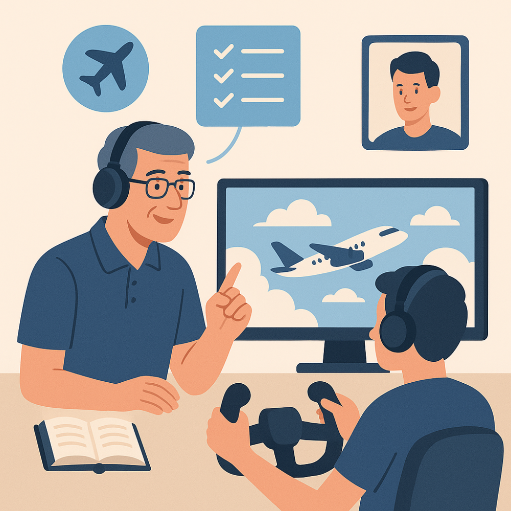 A flat-style digital illustration of a flight instructor guiding a young pilot using a home simulator setup, with a cockpit display on screen and icons symbolizing learning and aviation mentorship.