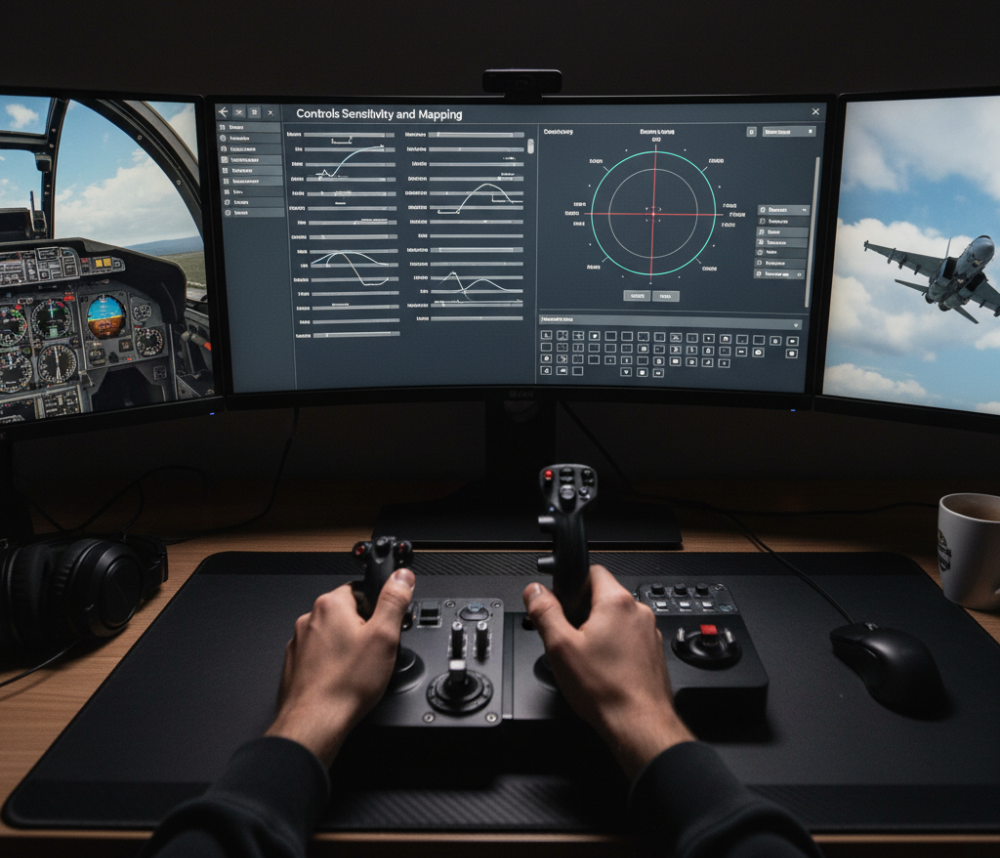 Hands on a flight stick and throttle quadrant. A monitor displays a