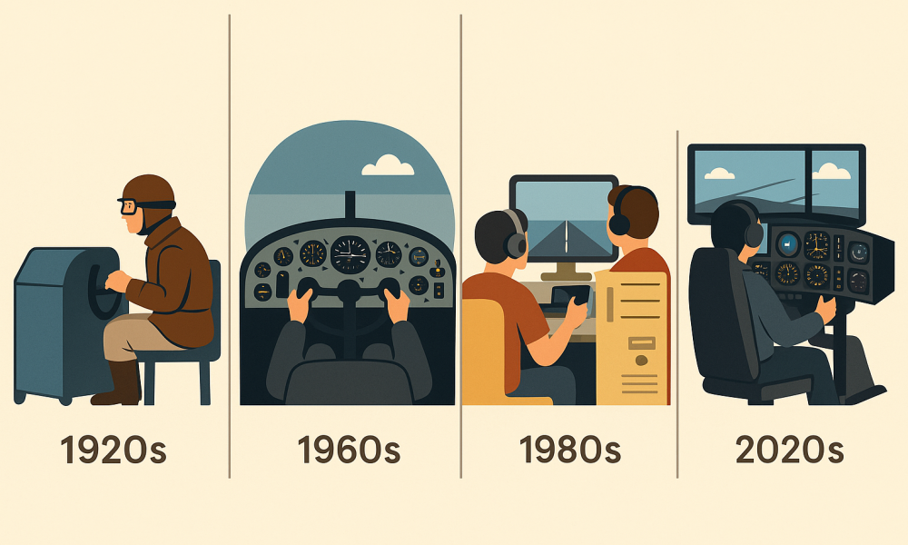 A timeline illustration showing the evolution of flight simulators from the 1920s Link Trainer through the 1960s analog cockpits, 1980s desktop setups, to modern multi-screen digital simulators in the 2020s.