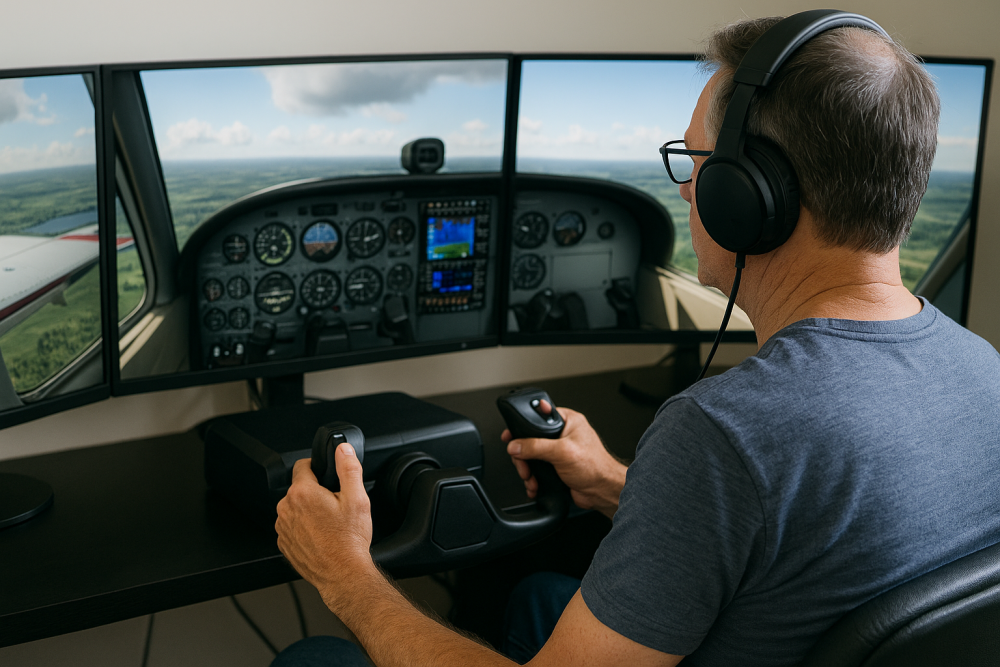 An experienced flight sim enthusiast flying a virtual aircraft at home, using a yoke and triple-monitor setup with detailed cockpit instruments and scenic landscape.