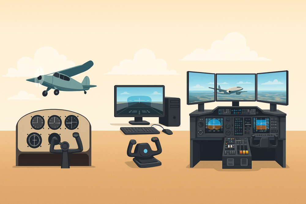 A visual comparison of flight simulator evolution, from a basic analog cockpit and desktop simulator to a modern multi-monitor setup with advanced avionics and flight controls.