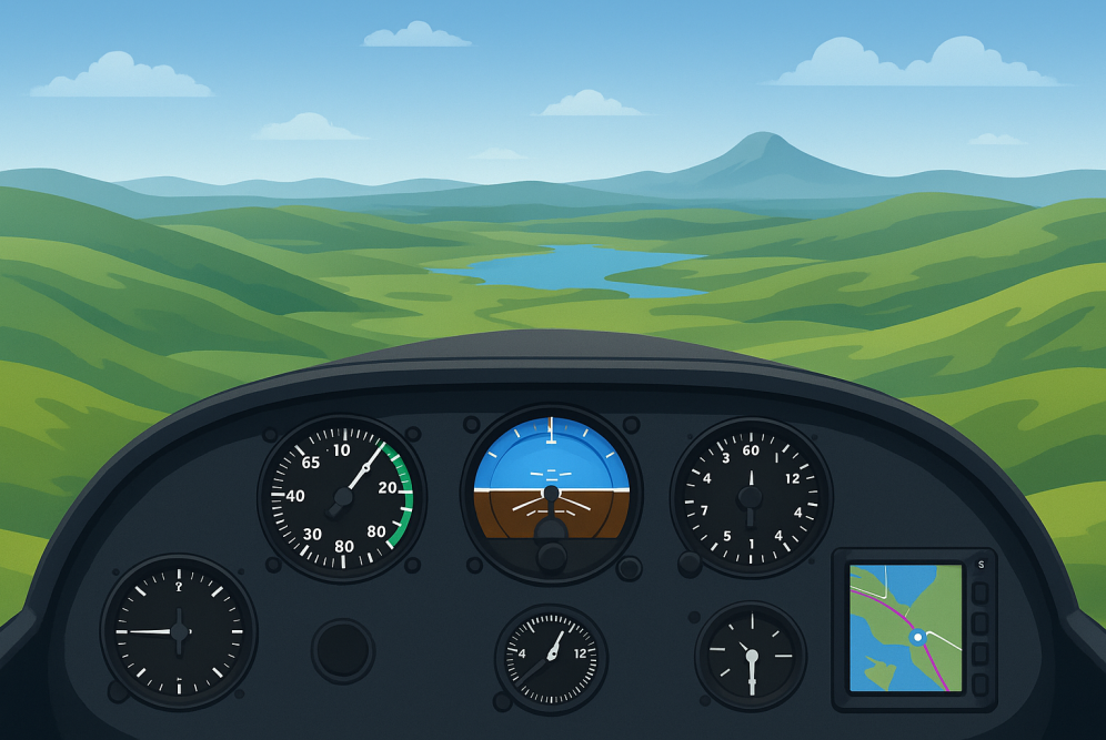 Digital cockpit view flying over a scenic virtual landscape with green hills, a winding river, and realistic flight instruments, representing simulated terrain navigation.