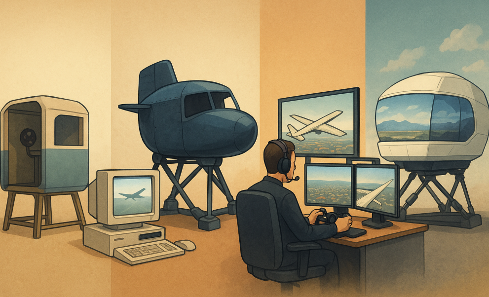 A five-panel digital illustration showing key flight simulator milestones: a wooden cockpit trainer, a 1930s Link Trainer, a 1980s PC-based simulator, a modern triple-monitor desktop setup, and an advanced full-motion simulator pod.