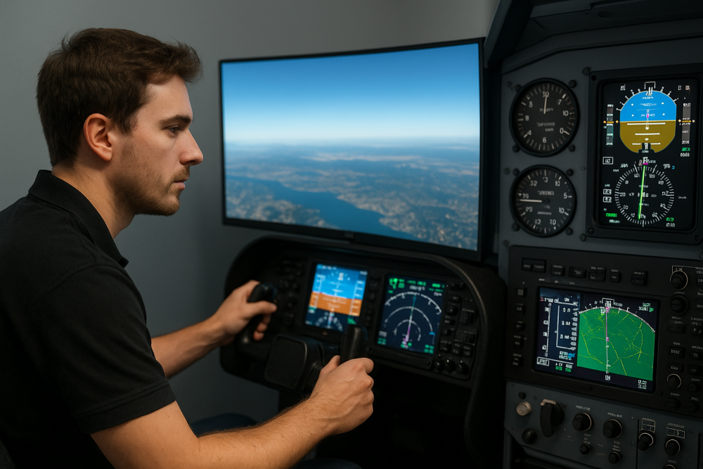 A pilot operating a high-fidelity flight simulator with realistic avionics displays and a view of the landscape on the main screen, illustrating hands-on simulator training in daylight.
