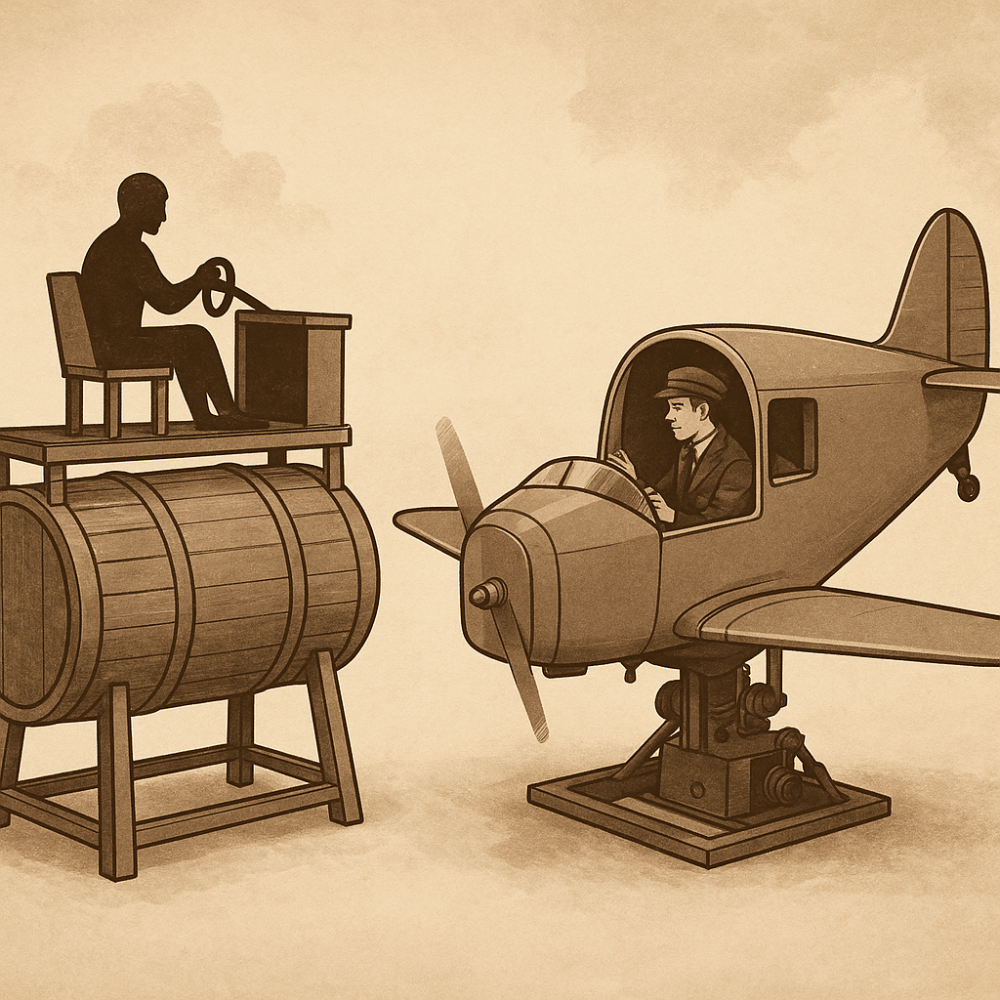 A sepia illustration of early flight simulators, showing a 1910s barrel-based trainer with a seated figure on the left and a 1930s Link Trainer with a pilot figure on the right, both engaged in flight simulation.