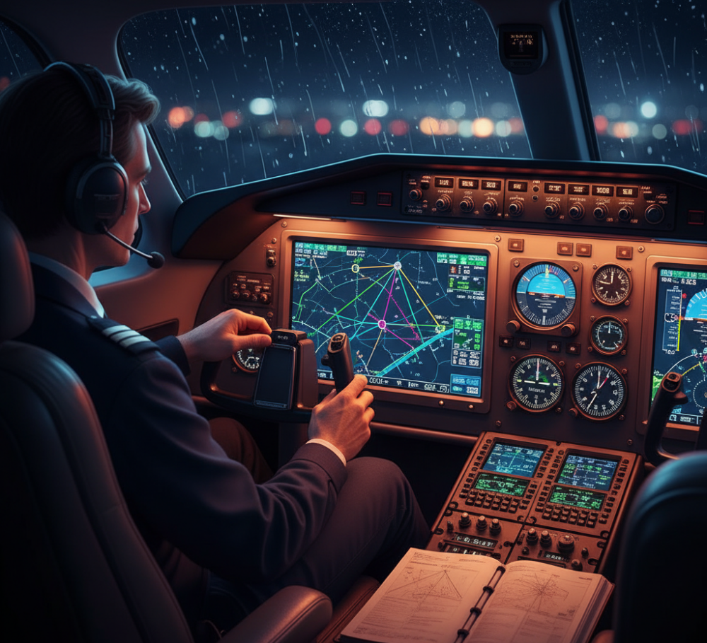 A pilot in a cockpit at night, interpreting complex navigation displays with flight instruments.