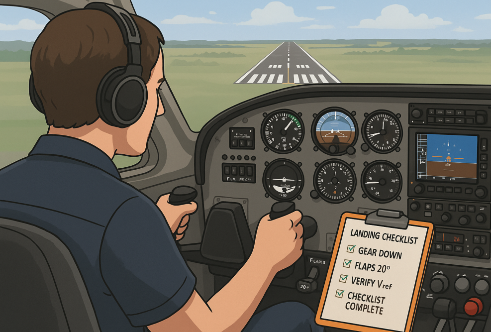 Illustration of a pilot adjusting controls during final approach, showing cockpit instruments and a runway ahead to depict precise airspeed management.