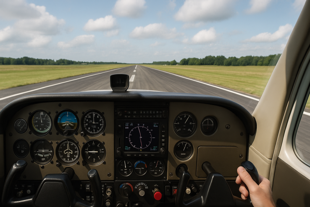 Cockpit view of a light aircraft accelerating down a runway, showing pilot control inputs and flight instruments, representing proper positioning and control during takeoff in flight simulation.
