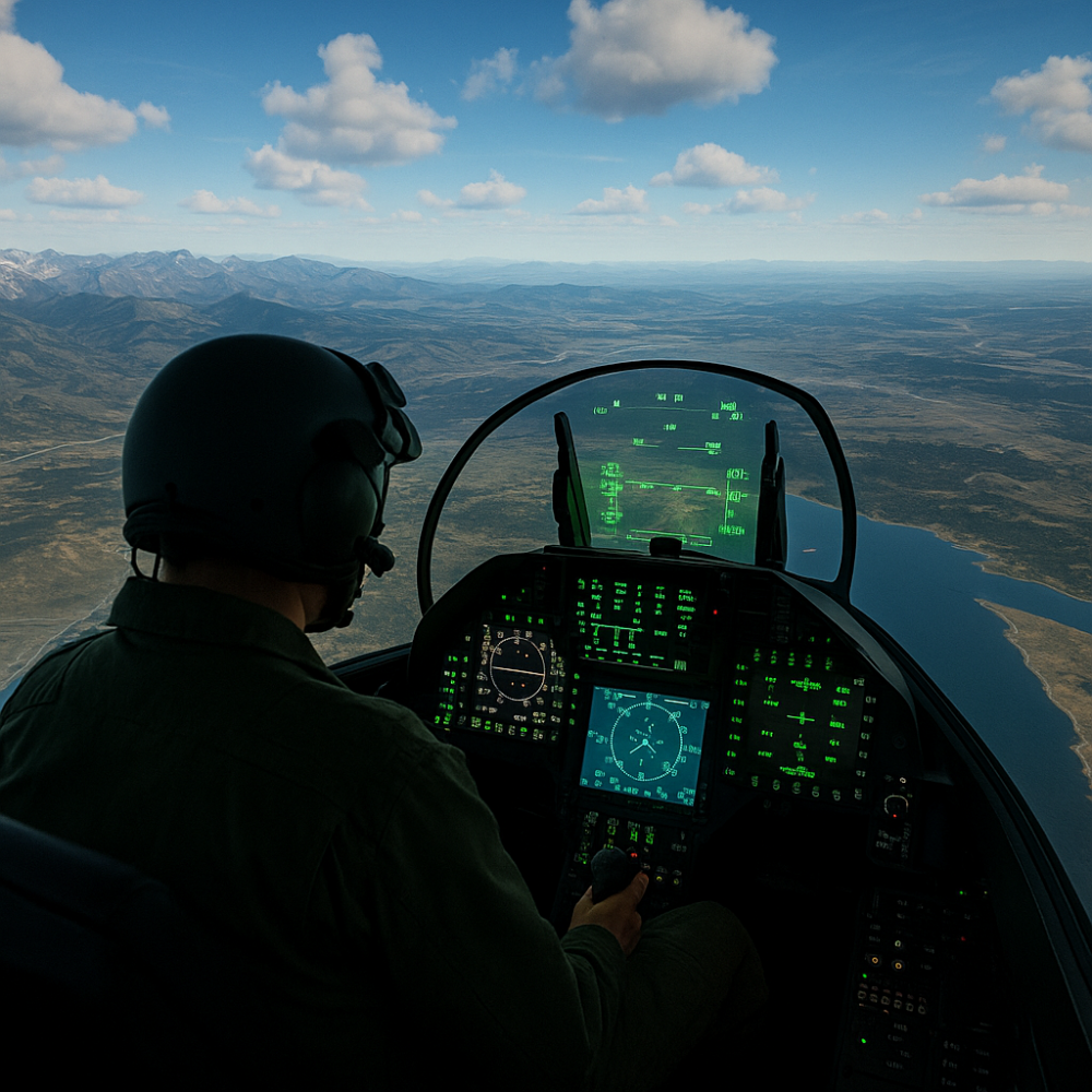 A pilot in a realistic flight simulator cockpit views a high-fidelity landscape through a digital HUD, simulating real-world terrain, weather, and aircraft instrumentation for immersive military training.