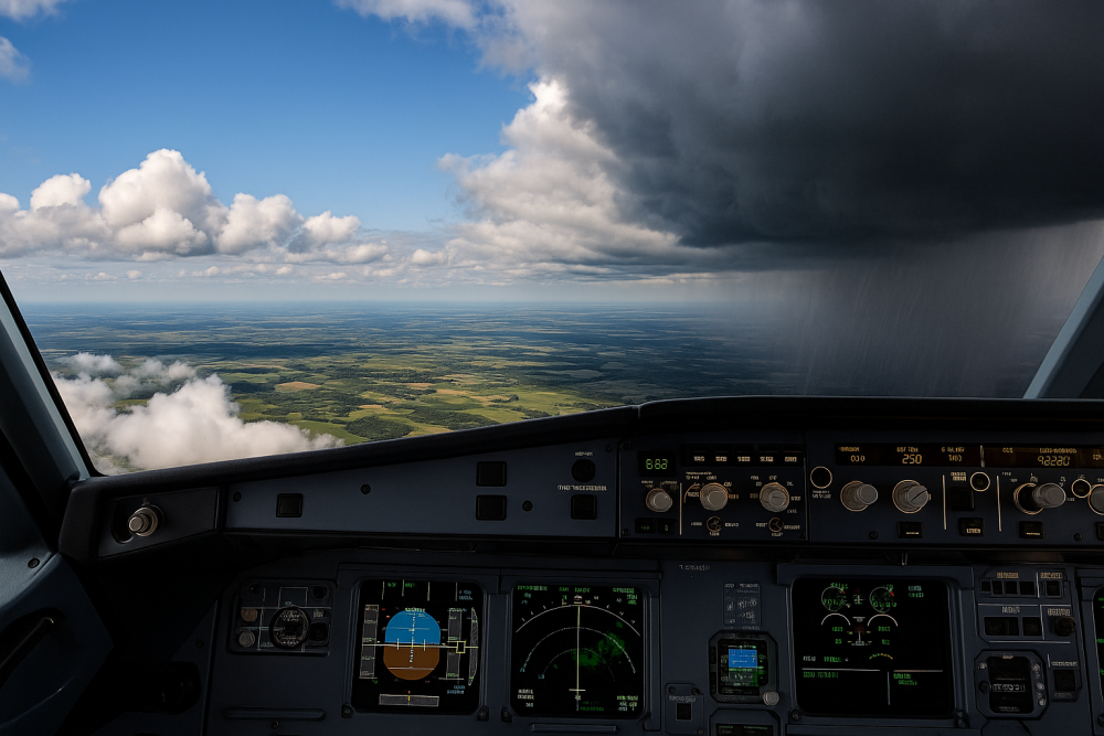 Cockpit view from a flight simulator showing mixed weather ahead—clear skies and storm clouds—alongside detailed flight instruments and weather radar displays.