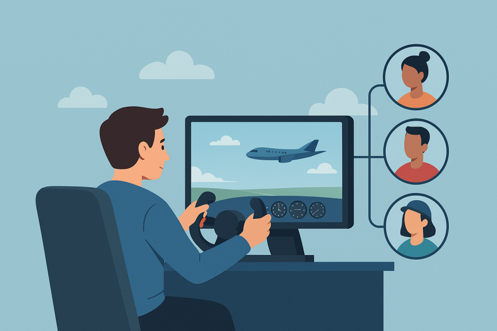 A flat-style illustration of a young flight sim enthusiast using a yoke controller, with a monitor showing an aircraft and connected profiles of other online pilots, representing a global flight sim club community.