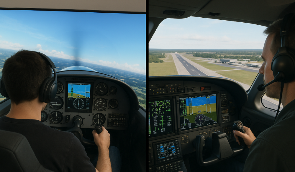 Two virtual pilots in a flight simulator, one performing relaxed sightseeing while the other follows strict ATC procedures for a realistic approach