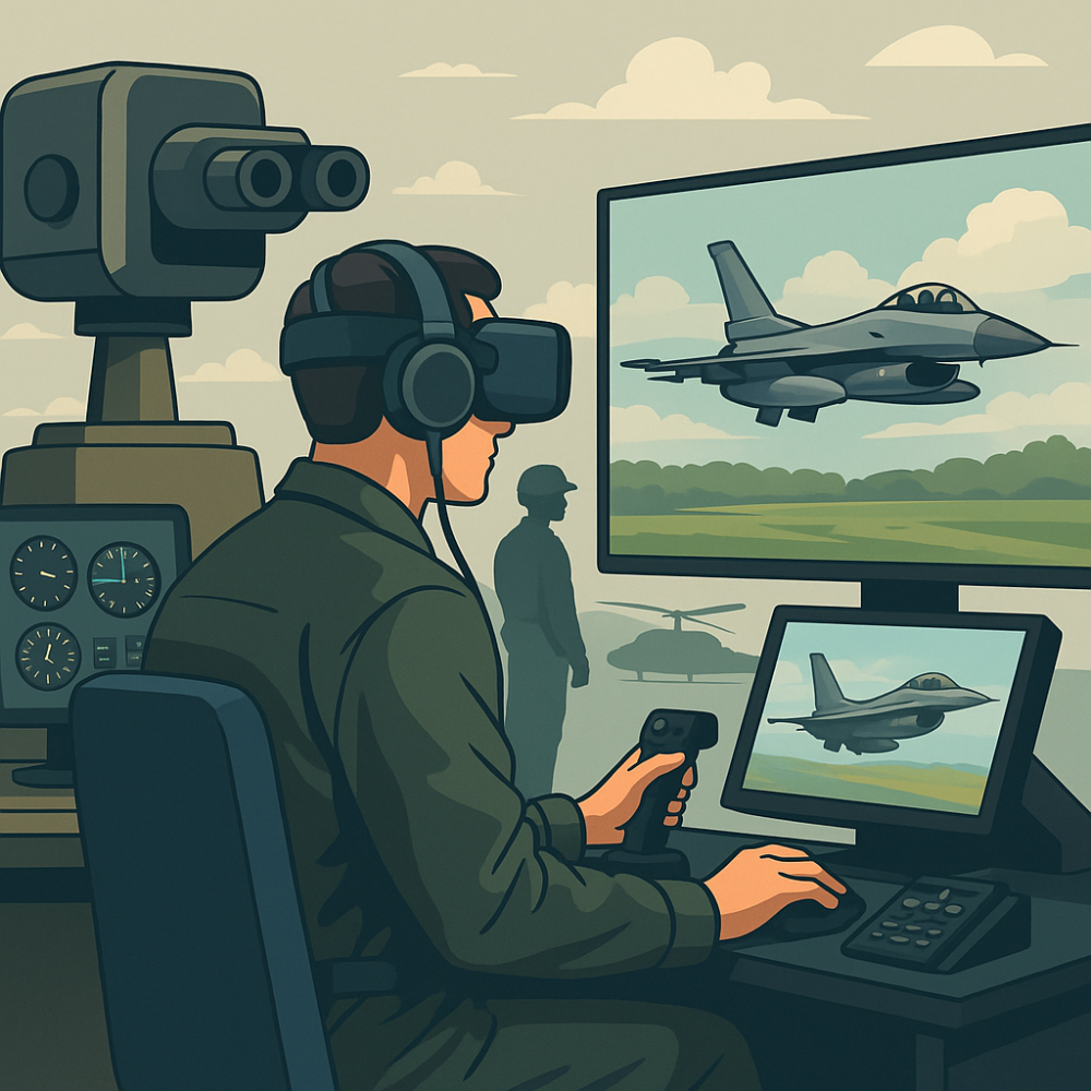 A digital illustration showing a military pilot wearing a VR headset while operating flight controls in a cutting-edge training environment, with screens displaying fighter jets and a soldier observing in the background, symbolizing the early adoption of virtual reality and advanced training methods.