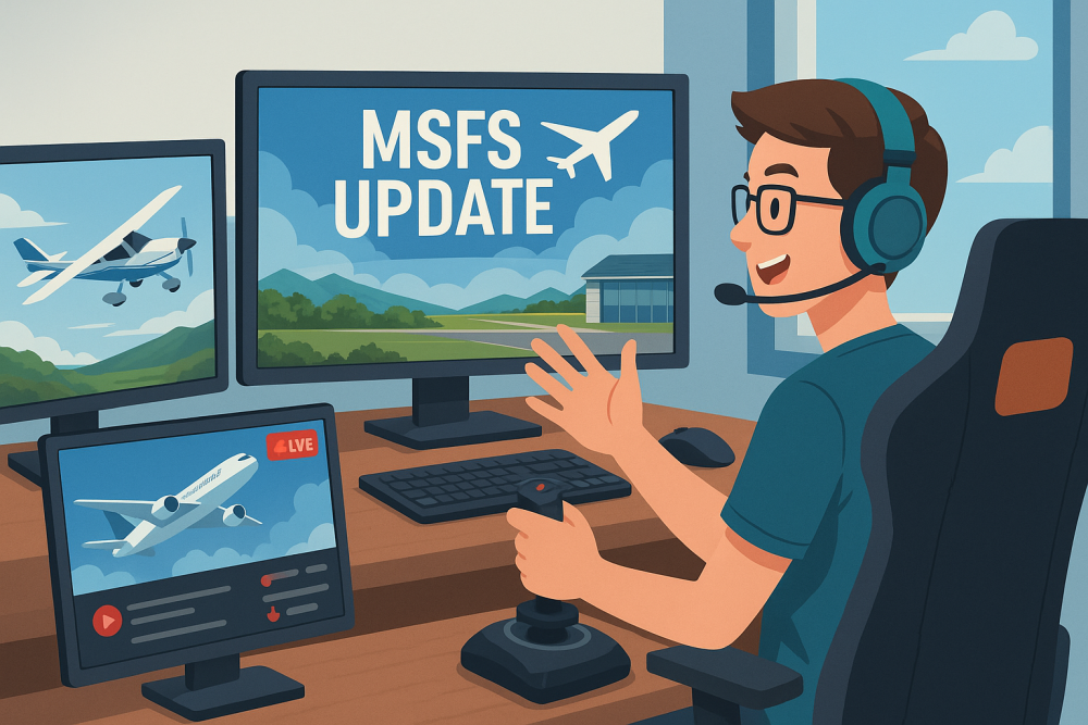 Illustration of a flight sim content creator using multiple monitors, joystick, and headset, with aircraft visuals and update screens in a bright, modern setup.