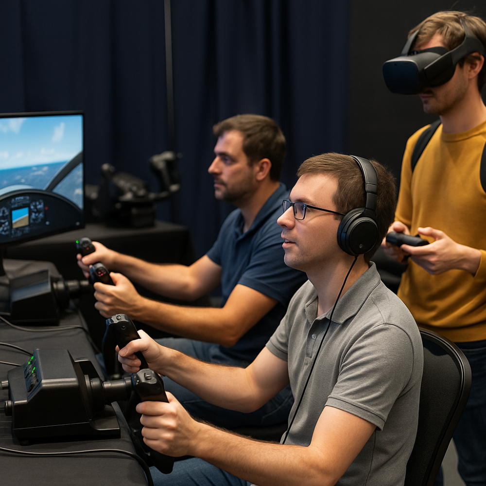 Three individuals engaged in a flight sim exhibit using yokes, headphones, and a VR headset, interacting with simulation controls and displays.