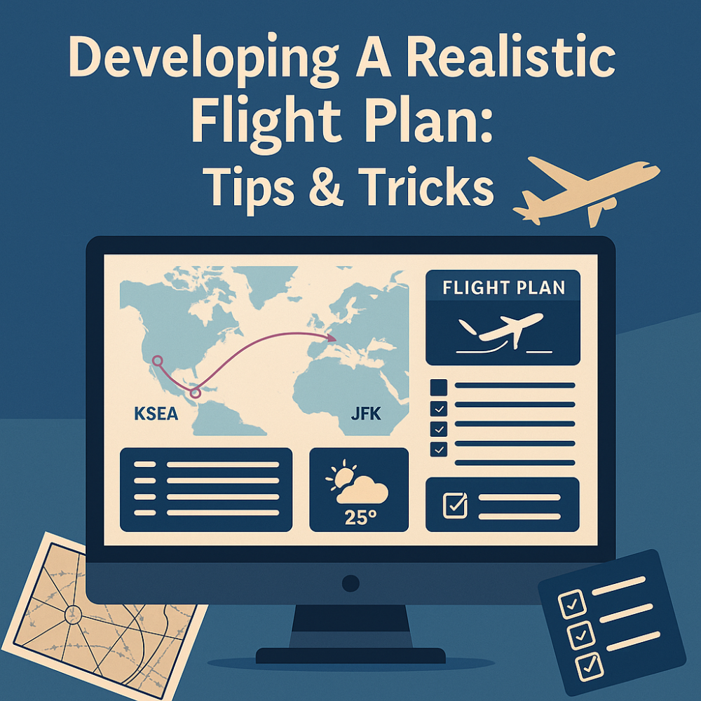 A top-down infographic showing flight route planning tools, including a simulated map, checklist, and aircraft performance icons.