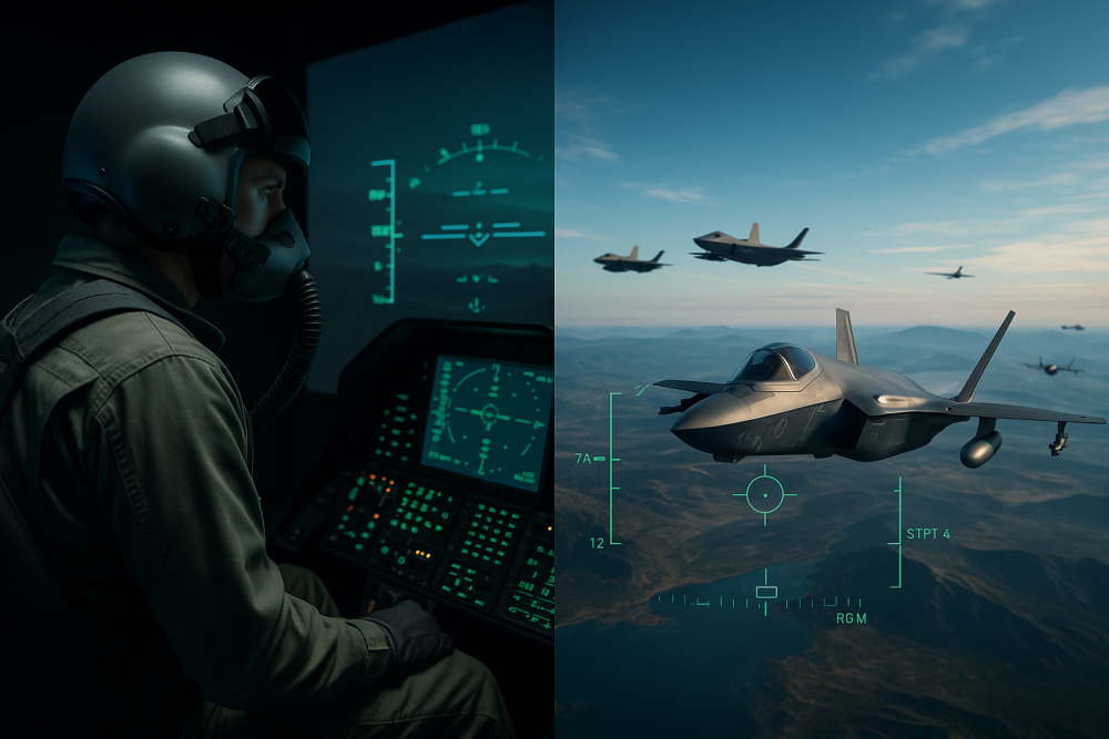 A split-screen image showing a military pilot in a high-tech simulator on the left and an F-35 jet in a virtual combat scenario on the right, symbolizing advanced simulation training for military aviation.