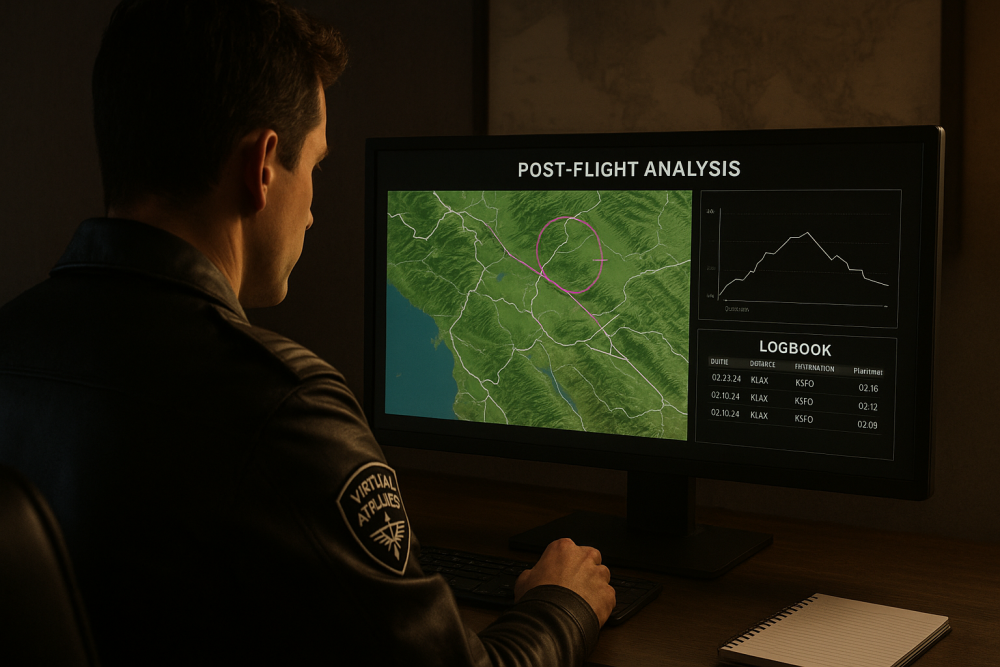 A virtual airline pilot reviewing a digital post-flight analysis report on a computer screen showing terrain maps, logbook data, and performance graphs in a dimly lit room.