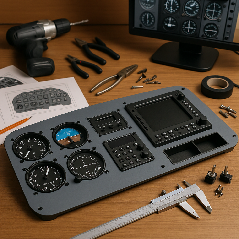 A custom DIY flight simulator cockpit panel being assembled on a wooden desk, surrounded by tools, screws, printed cockpit diagrams, and a monitor displaying flight instruments.