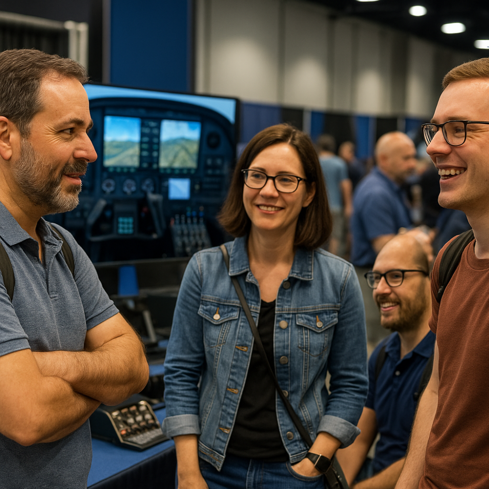 Flight sim enthusiasts gathered at an expo booth, casually networking and discussing simulator setups, with hardware displays in the background.