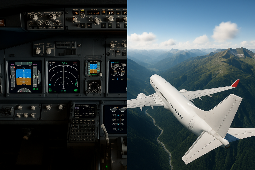 Split view of a flight simulator setup showing one side with complex cockpit instruments and the other with scenic sightseeing over mountains