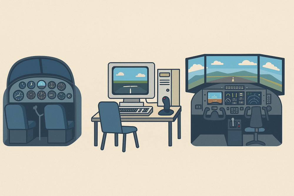 A three-stage illustration showing the evolution of flight simulation technology from an analog cockpit to a 1990s desktop PC setup, and finally to a modern multi-monitor flight simulator with detailed controls.