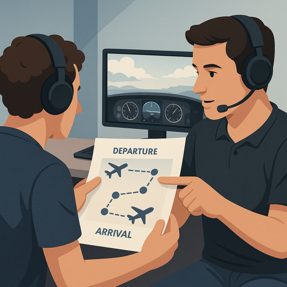 Virtual pilots reviewing a shared flight plan with departure, waypoints, and arrival details for a multiplayer simulator session