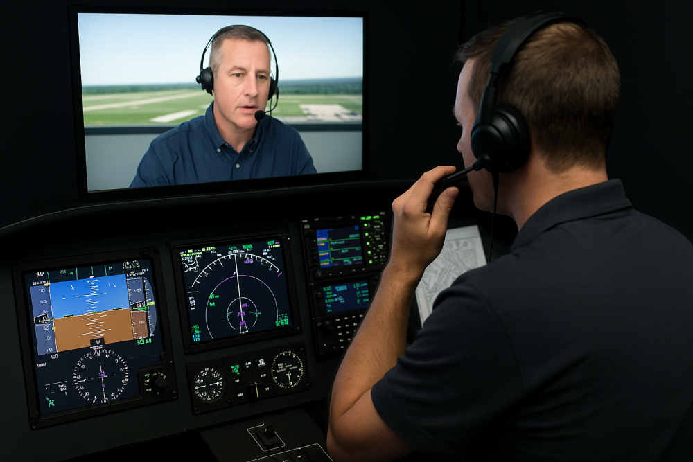 A pilot wearing a headset communicating with air traffic control from inside a modern cockpit, surrounded by illuminated avionics panels, representing IFR communication and ATC coordination.