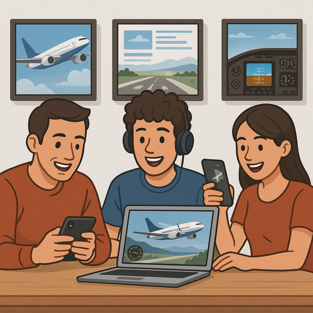 Flight simulator enthusiasts sharing screenshots and tips in online social media groups for virtual pilots