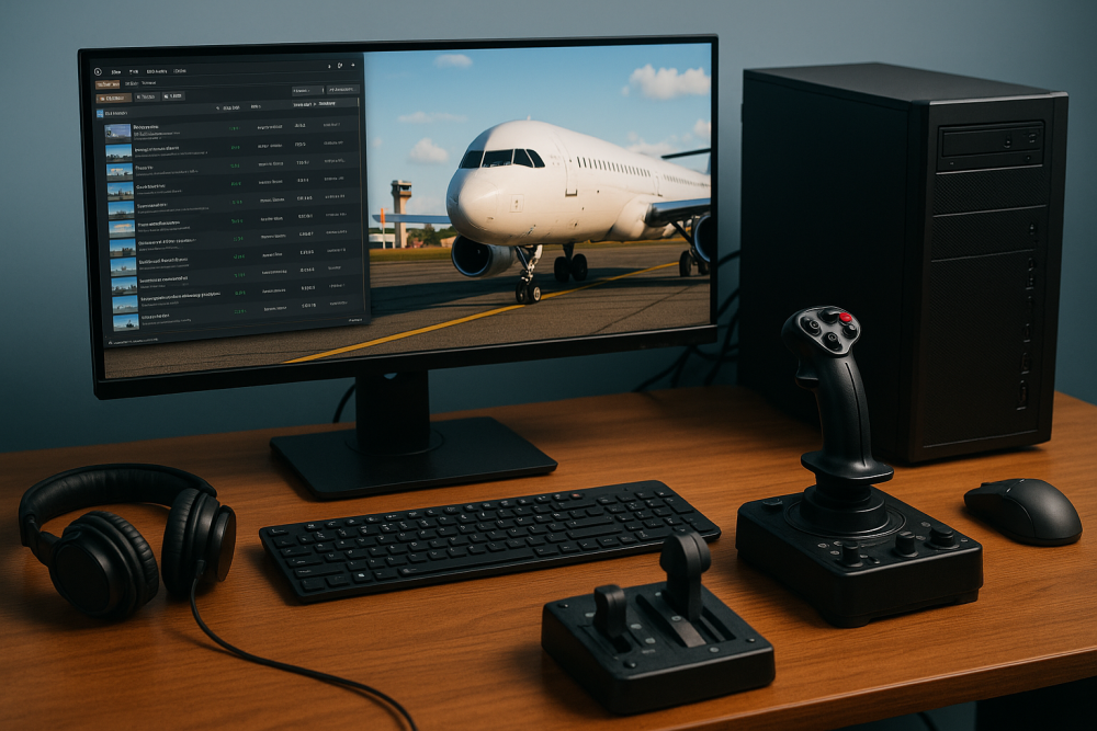 A digital photograph of a flight simulator modding setup featuring a monitor with a commercial jet on screen, joystick, throttle quadrant, keyboard, headphones, and a visible mod manager interface on a tidy wooden desk.