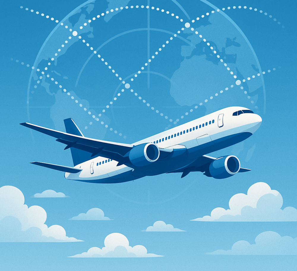 A modern jet soaring above the clouds with a faint globe and dotted route lines in the background, symbolizing the global planning and exploration of future high-altitude flight routes.