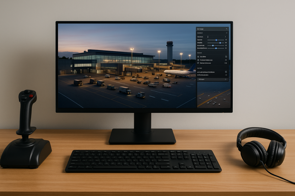 A high-resolution digital photograph displays a flight simulation setup with a monitor showing a dusk airport scene filled with service vehicles, lighting adjustments, and terminal details; the desk includes a joystick, throttle quadrant, keyboard, and headphones under soft ambient lighting.