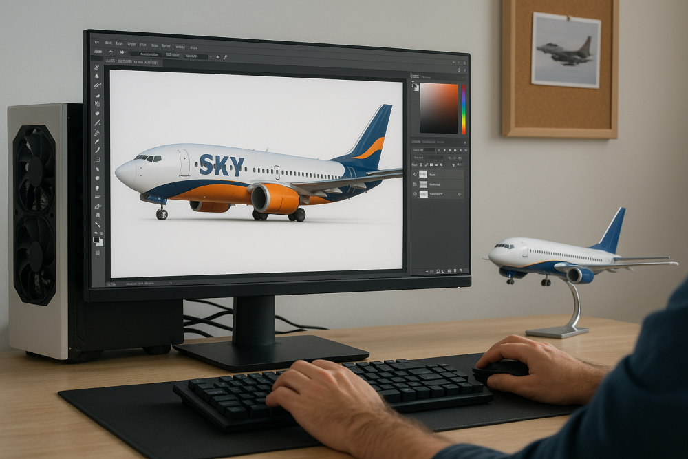 A flight sim enthusiast editing a custom aircraft livery on a desktop computer, with a realistic aircraft design on screen and a model airplane beside the monitor.