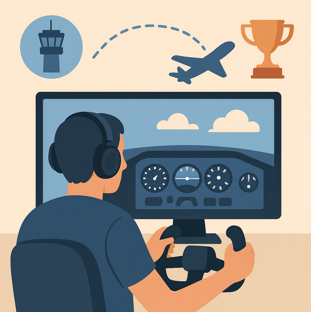 A flat-style digital illustration of a flight sim pilot at a home cockpit setup, with realistic instruments on screen and surrounding icons of a control tower, aircraft flight path, and trophy symbolizing realism, ATC interaction, and achievement in flight simulation.