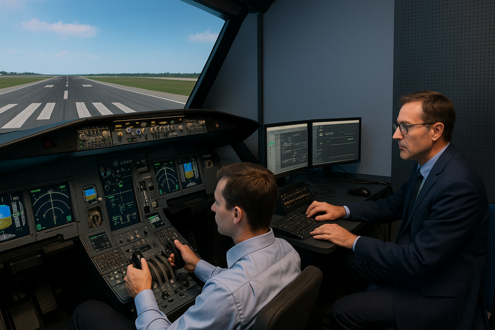 Modern flight simulator scene with a pilot operating a realistic cockpit and an instructor monitoring training data on multiple screens, highlighting innovation in aviation simulation technology.