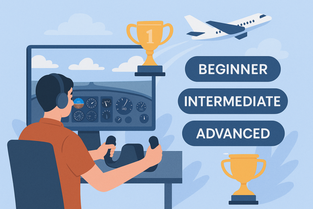 Digital illustration of a flight simmer controlling a yoke in a virtual cockpit, with skill level markers from beginner to advanced and trophies representing competition achievements.
