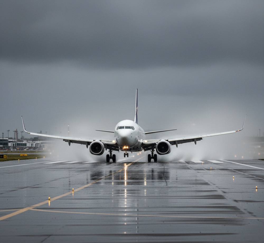 An illustration of a light aircraft performing a crosswind landing on a runway, using the crab or slip technique to maintain alignment against strong lateral wind effects.